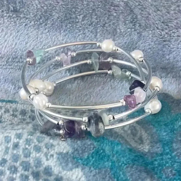 Quality Flourite, Amethyst & Freshwater Pearl Sterling Silver Wrap Bracelet NWT - Picture 1 of 2